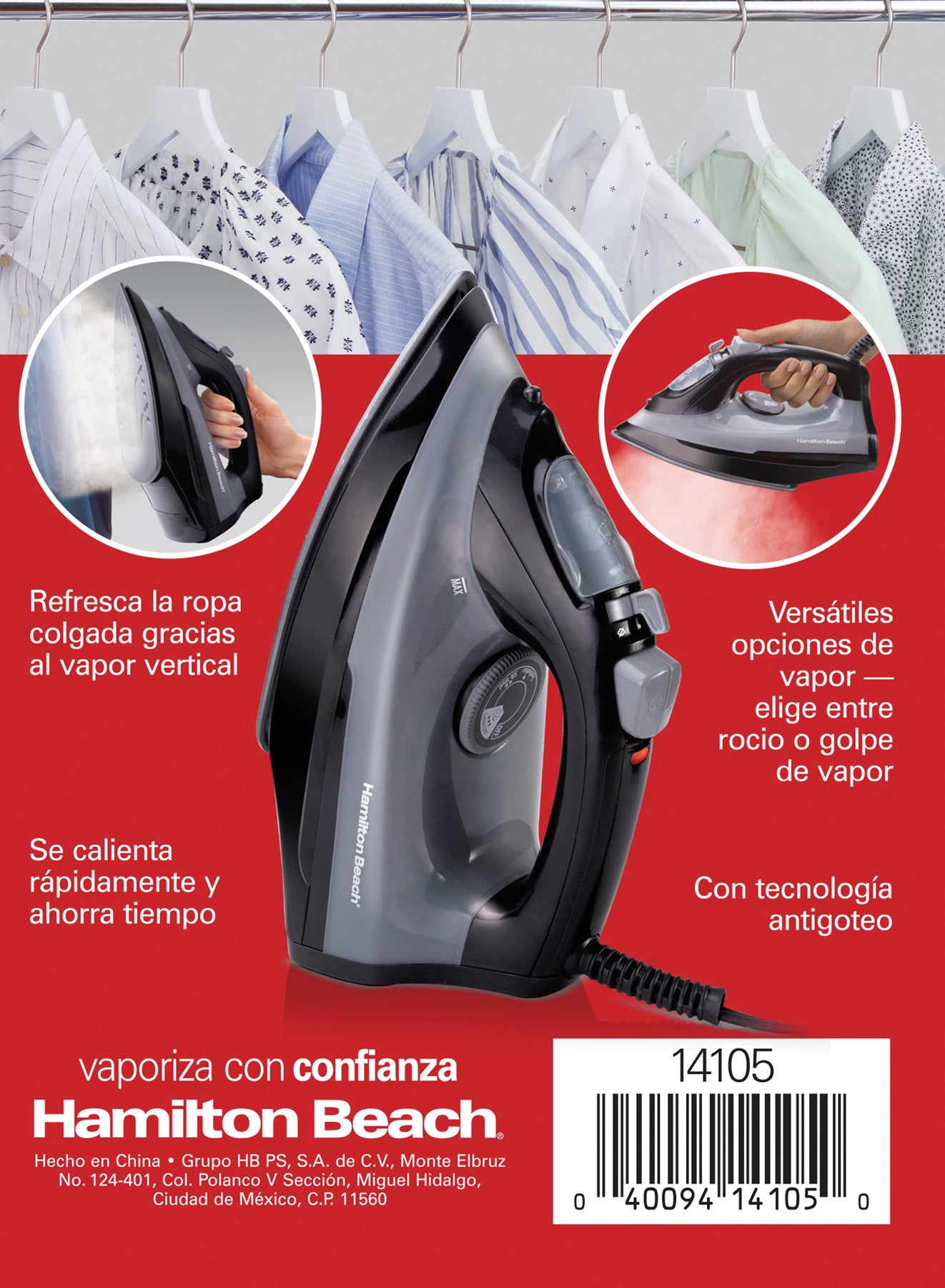 Plancha de Vapor Hamilton Beach 14105, suela antiadherente Extra-Glide™